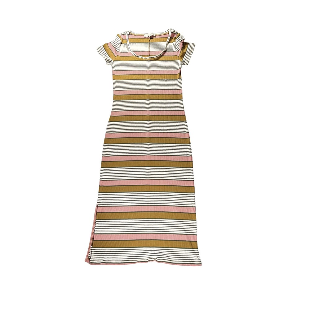 Loft Womens Striped Ribbed Knit Maxi Dress Short Sleeve Pink Green Size S